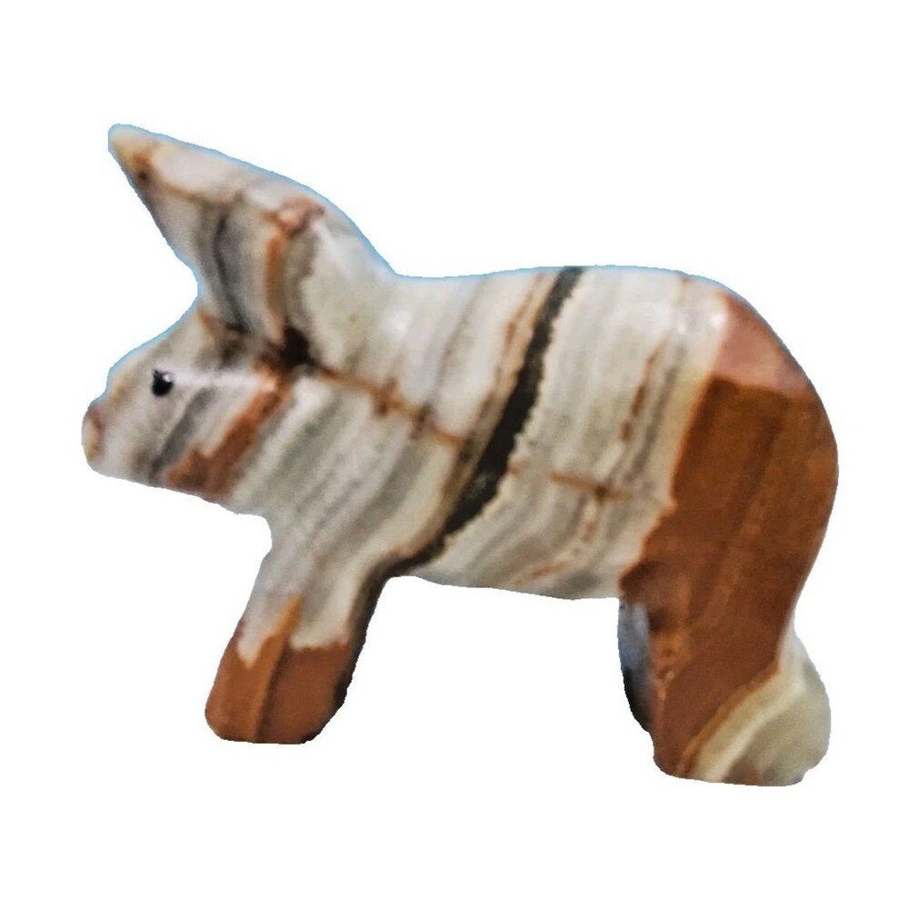 Carved Striped Stone Pig Figurine Hand Carved Animal Statuette Rustic Decor
